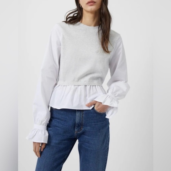 NWOT French Connection Gray and White Ruffle Blouse Size S - Picture 1 of 13